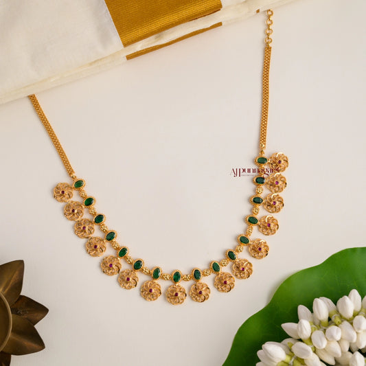 Floral Gold Finish Necklace - Green 