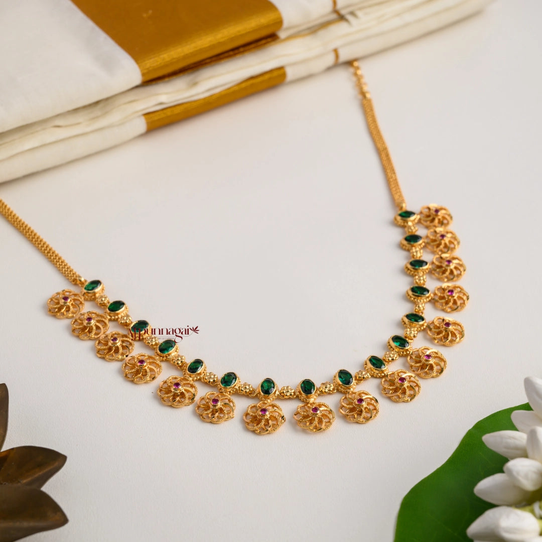 Floral Gold Finish Necklace - Green 