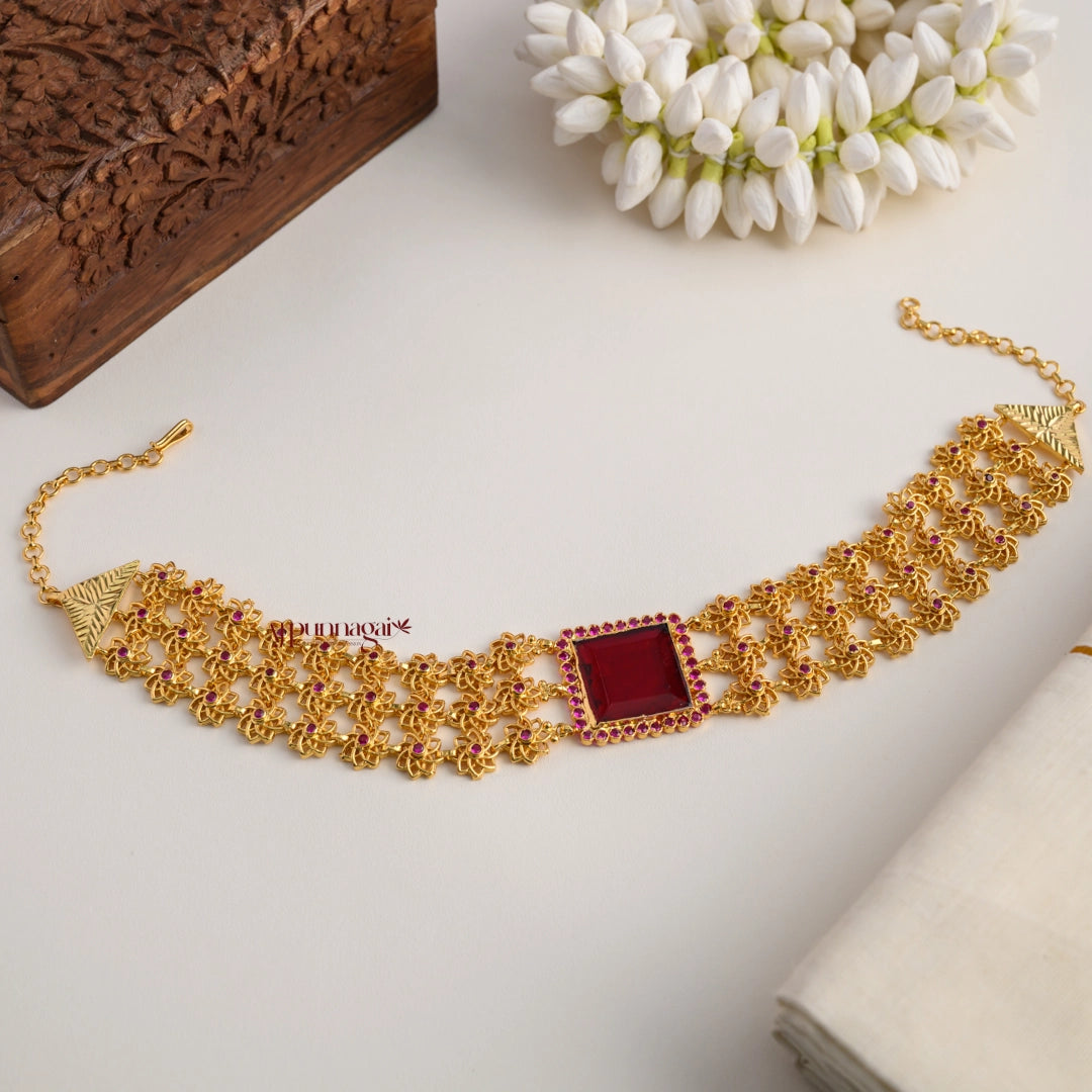 Gold Finish Sufi Choker - Red