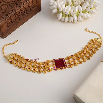 Gold Finish Sufi Choker - Red