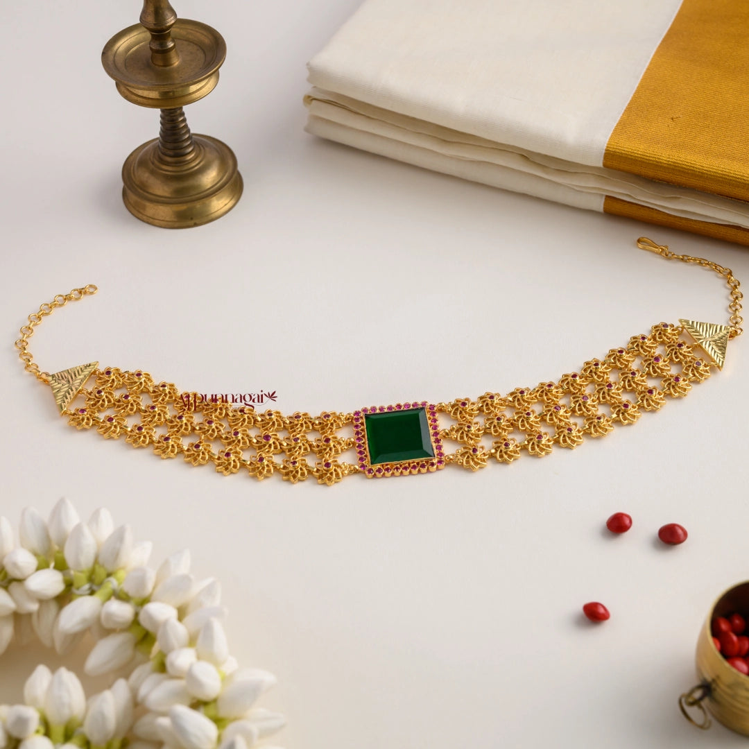 Gold Finish Sufi Choker - Green