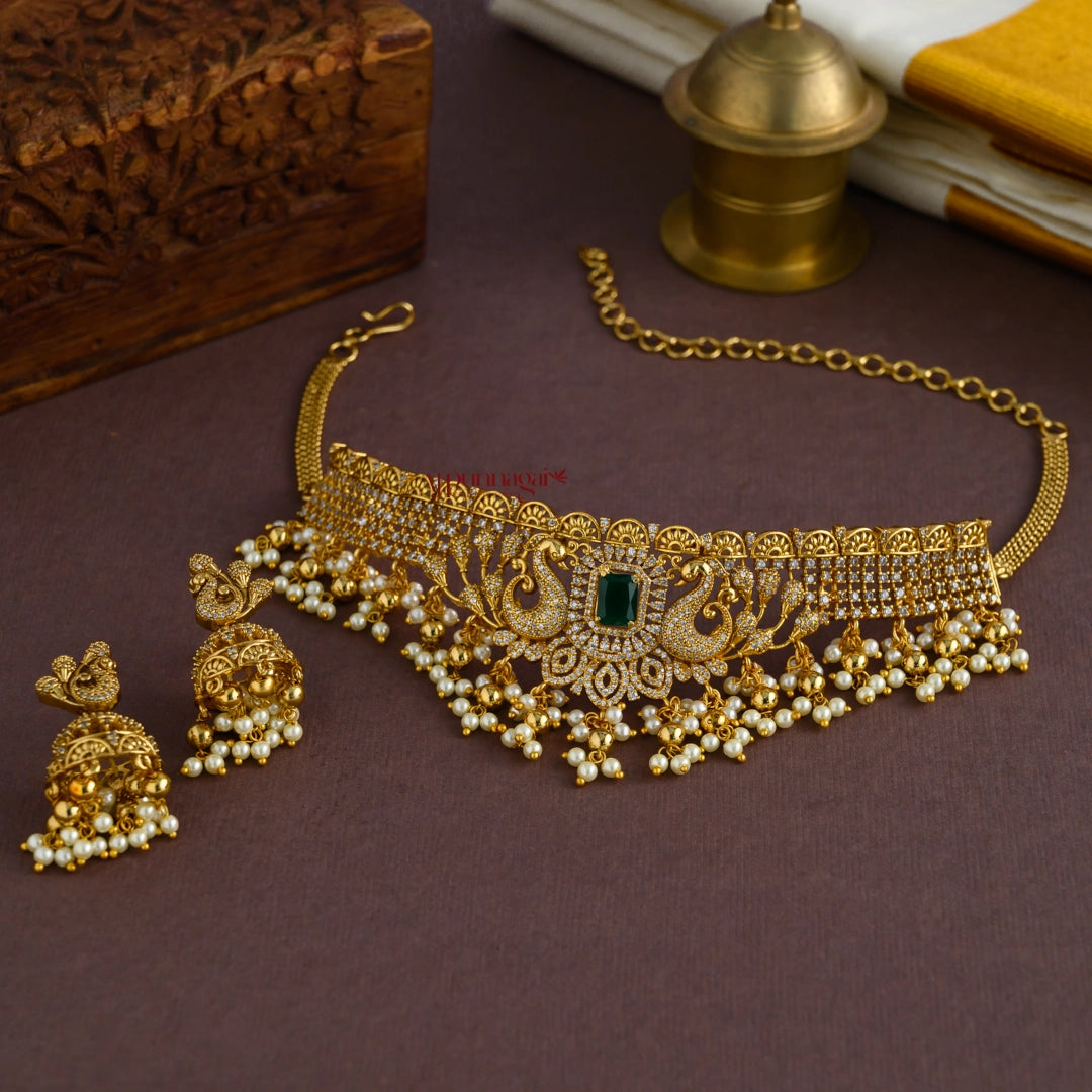 Grand Bridal Peacock Choker - Pearl Hangings 