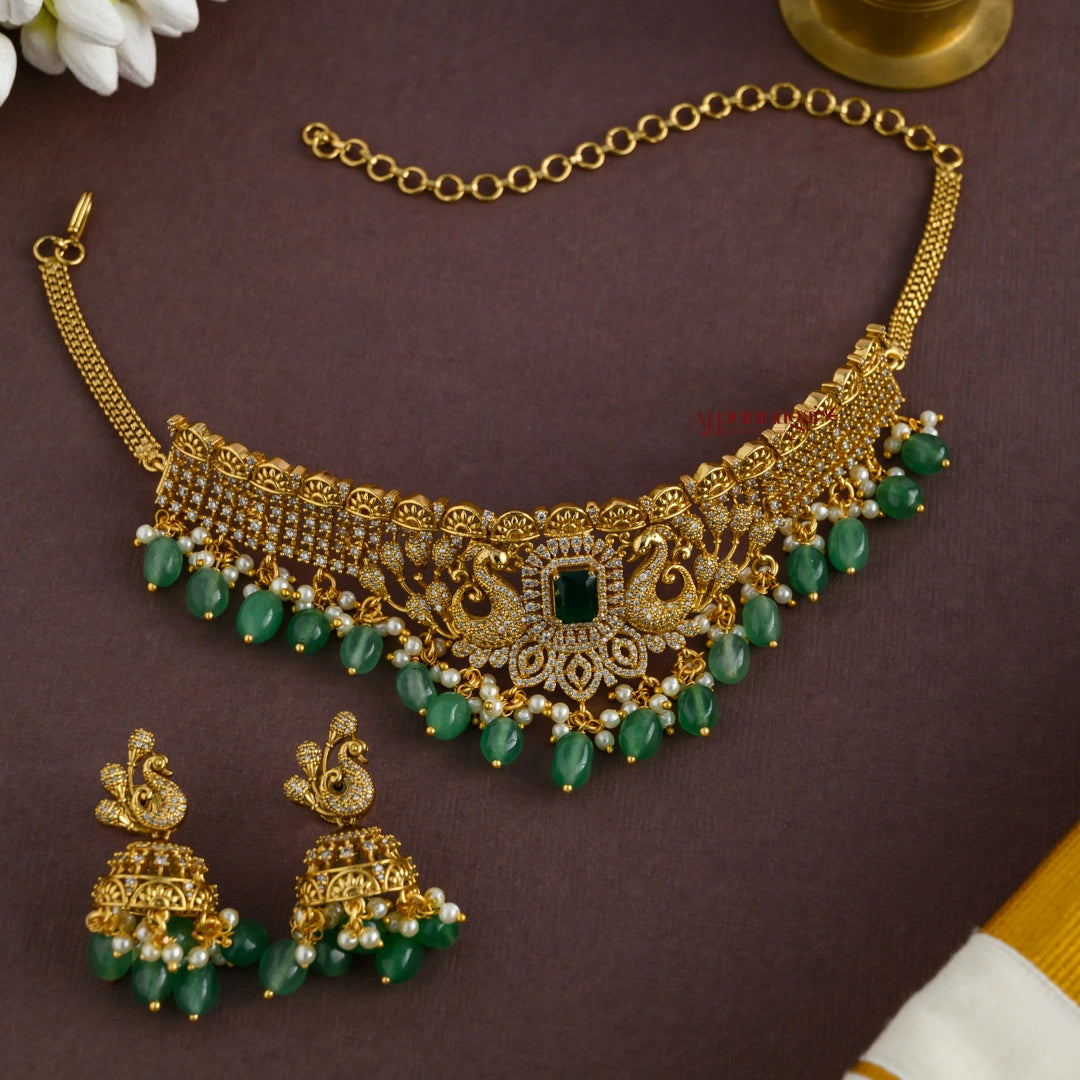 Grand Bridal Peacock Choker - Green Hangings 