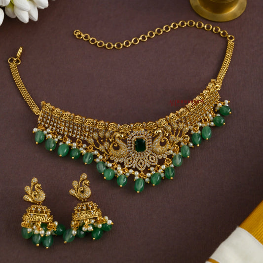 Grand Bridal Peacock Choker - Green Hangings 
