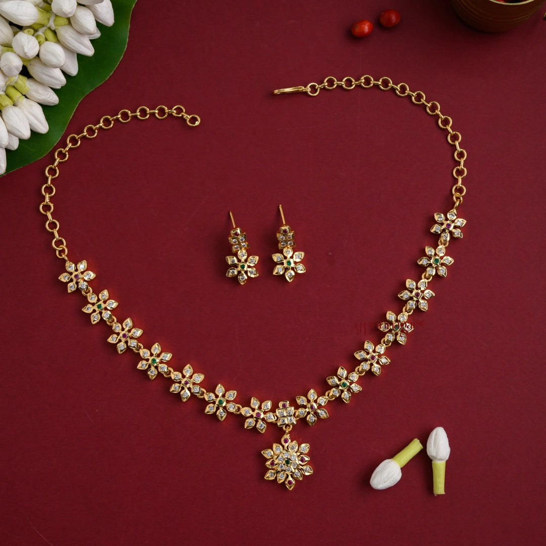 Sparkling AD Floral Impon Necklace - Multi