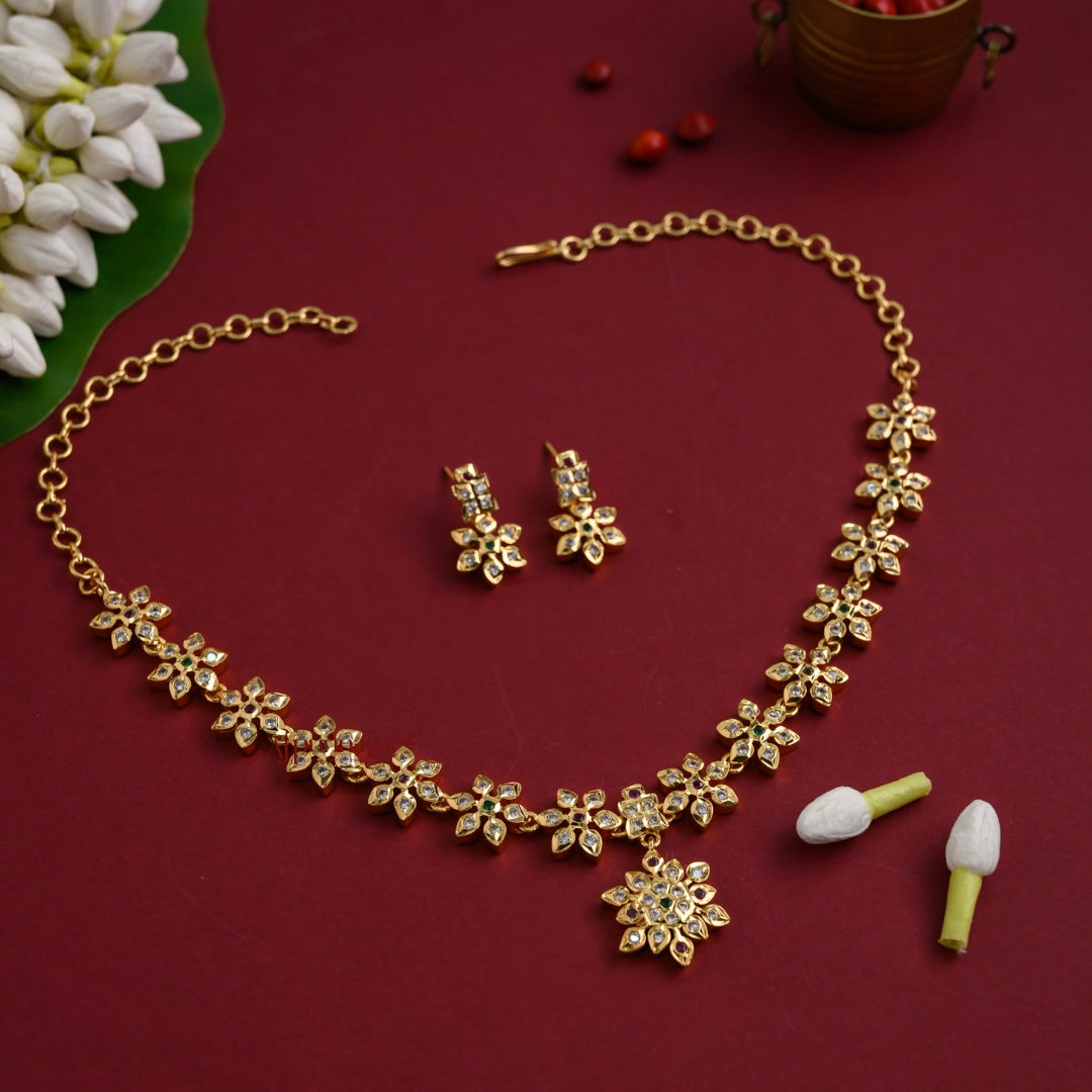 Sparkling AD Floral Impon Necklace - Multi
