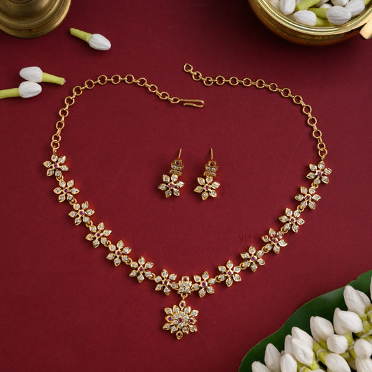 Sparkling AD Floral Impon Necklace - White With Pink