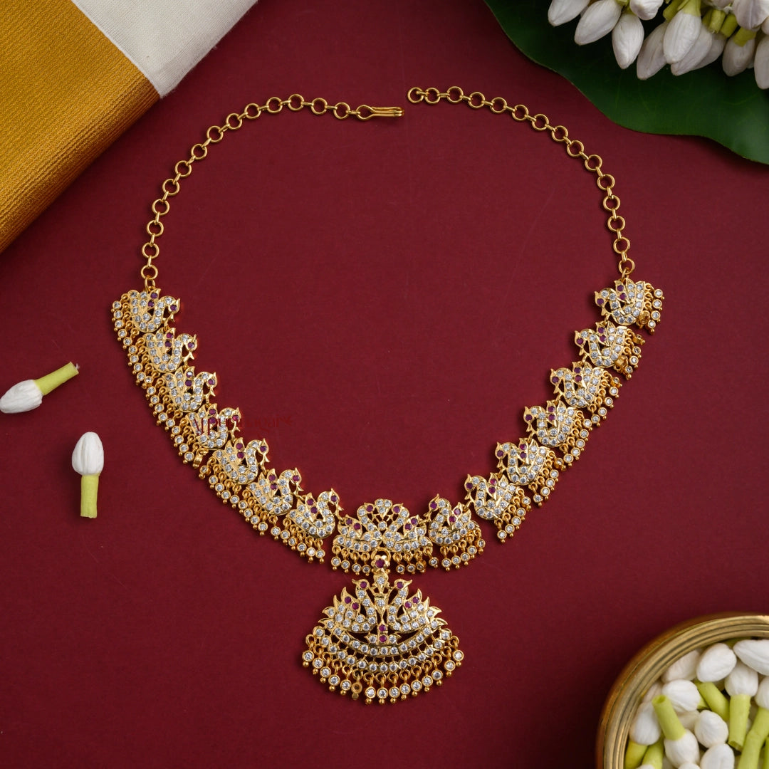 Dazzling AD Peacock Impon Necklace - White With Pink