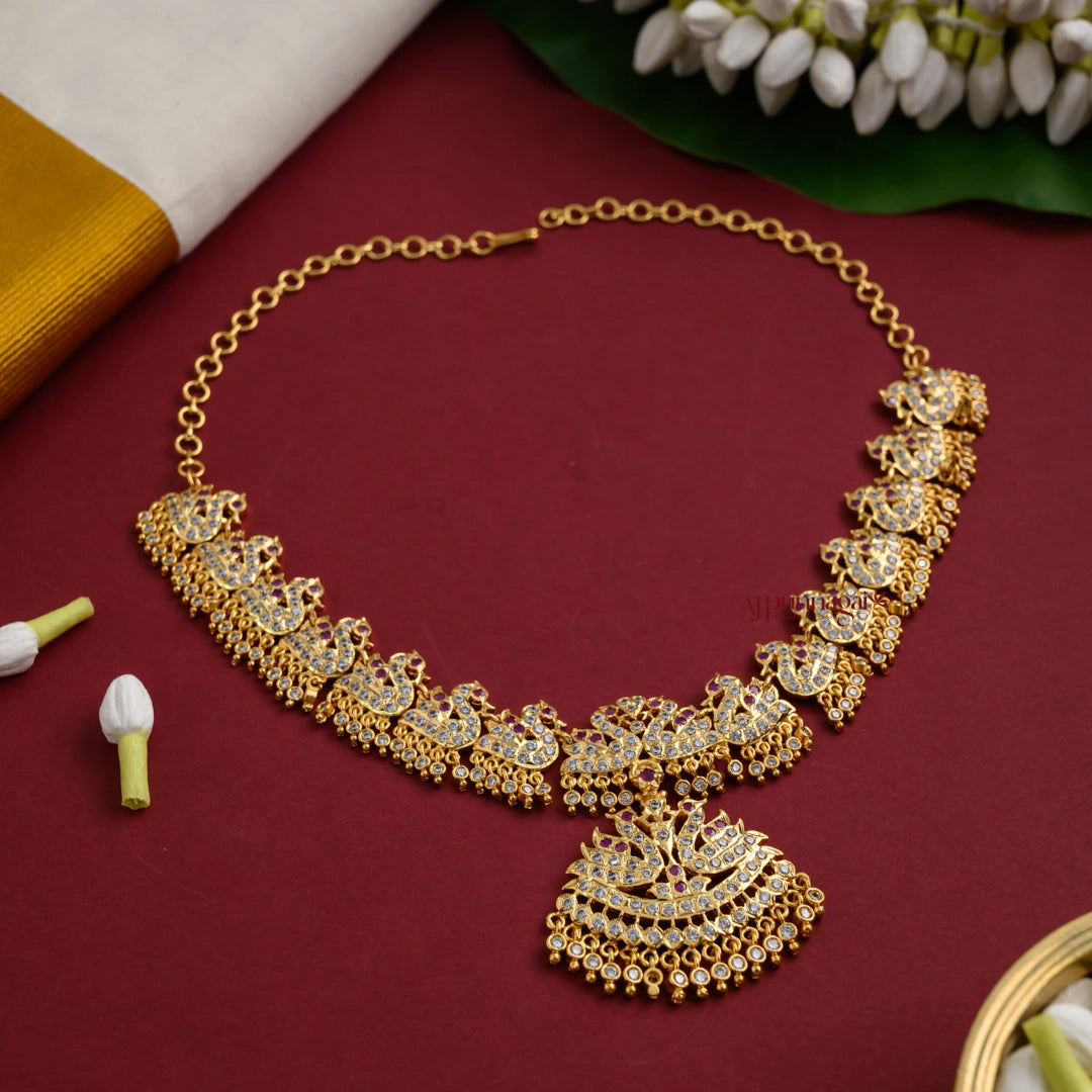 Dazzling AD Peacock Impon Necklace - White With Pink