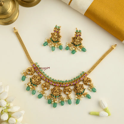 Gold Look Alike Lakshmi Necklace - Green