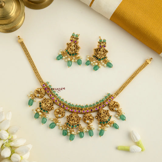 Gold Look Alike Lakshmi Necklace - Green
