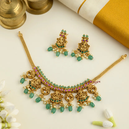 Gold Look Alike Lakshmi Necklace - Green
