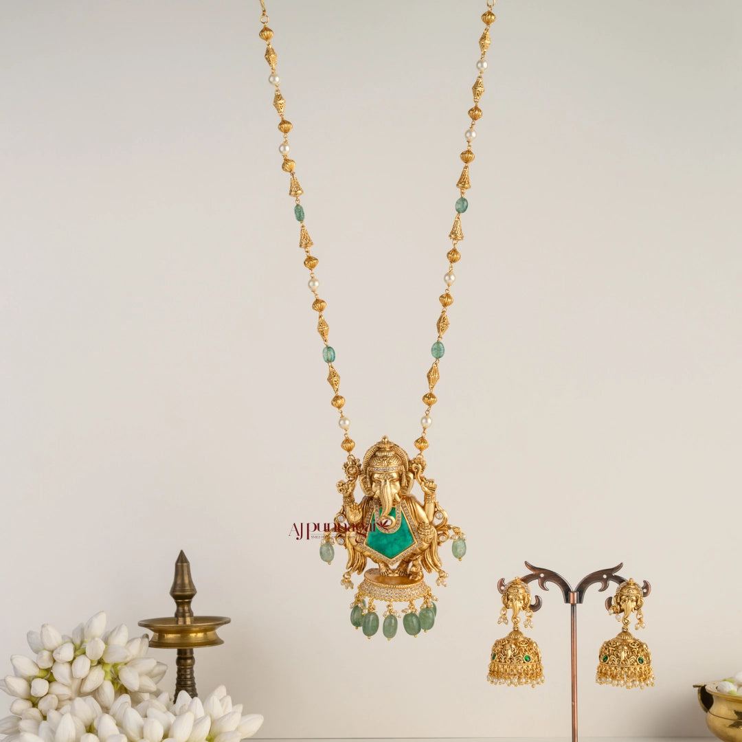 Royal Look Ganesha Pendant Chain - Green
