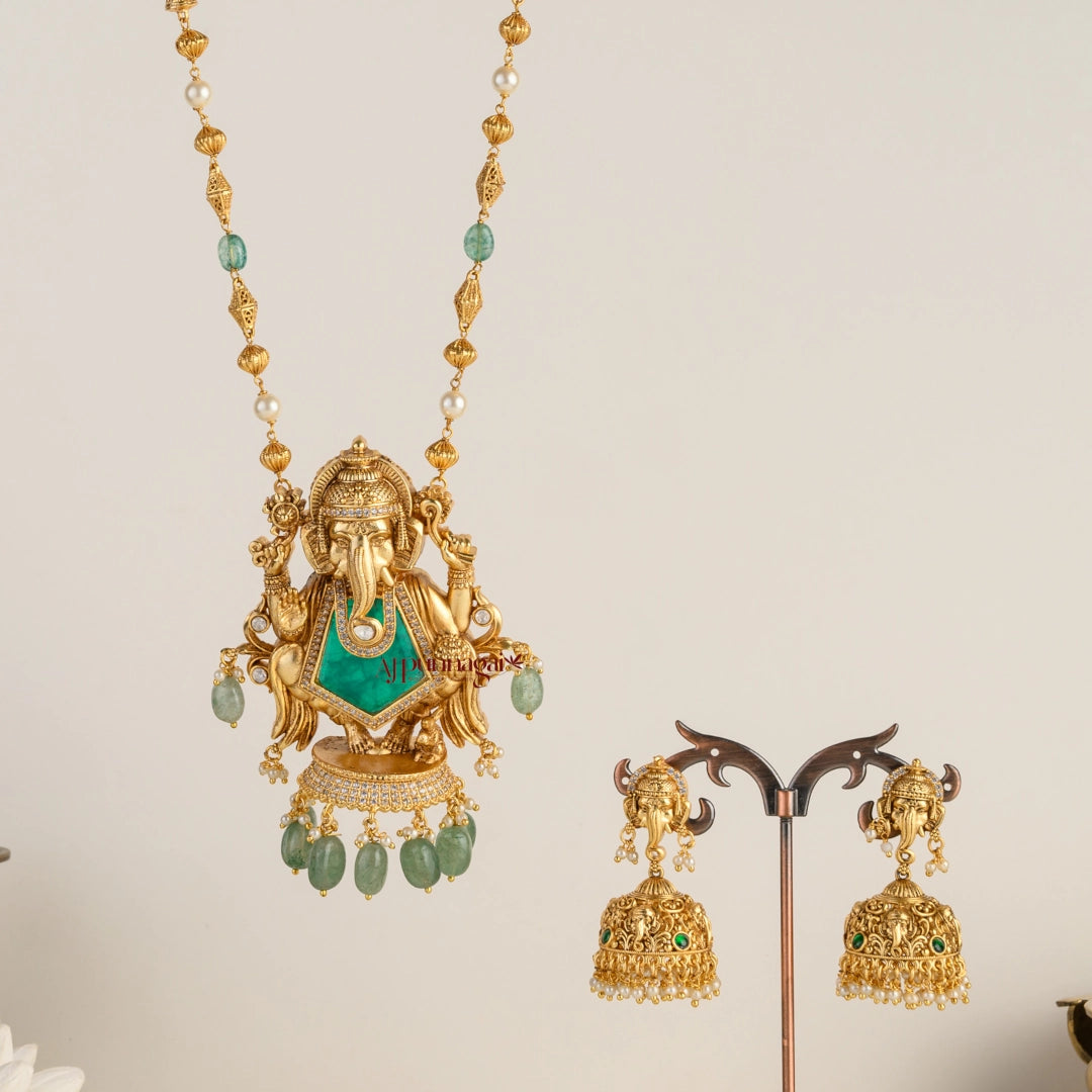 Royal Look Ganesha Pendant Chain - Green