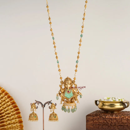 Royal Look Ganesha Pendant Chain - Aqua Green