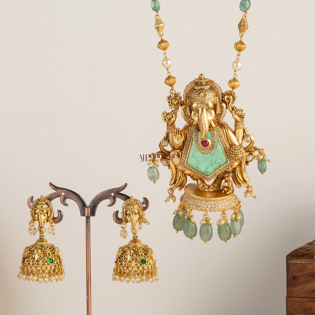 Royal Look Ganesha Pendant Chain - Aqua Green