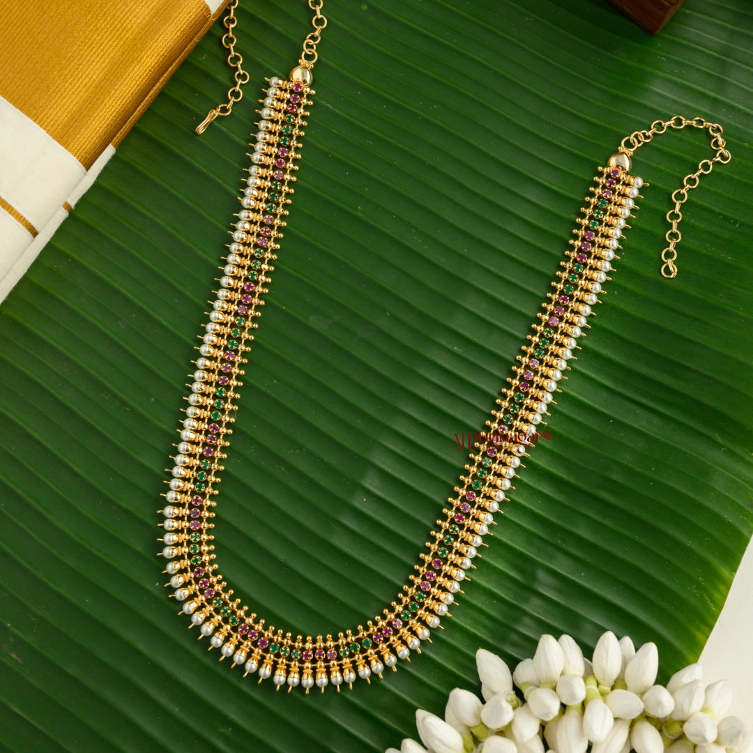 Sparkling AD Gold Tone Pearl Haram - Pink With Green