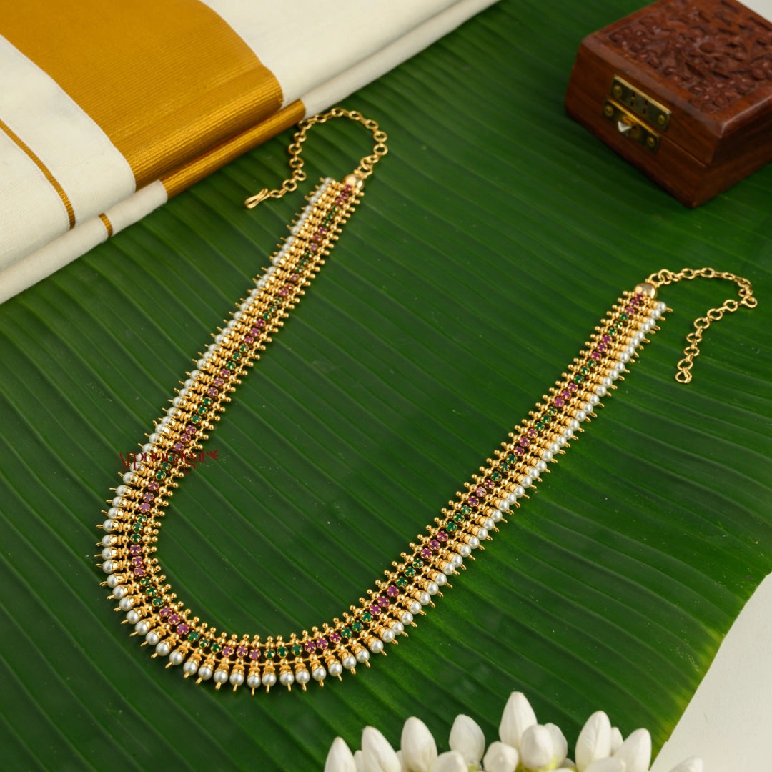 Sparkling AD Gold Tone Pearl Haram - Pink With Green