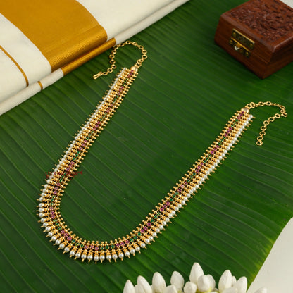 Sparkling AD Gold Tone Pearl Haram - Pink With Green