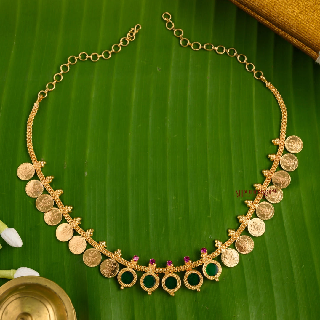 Gold Finish Lakshmi Coin With Green Round Palakka Necklace