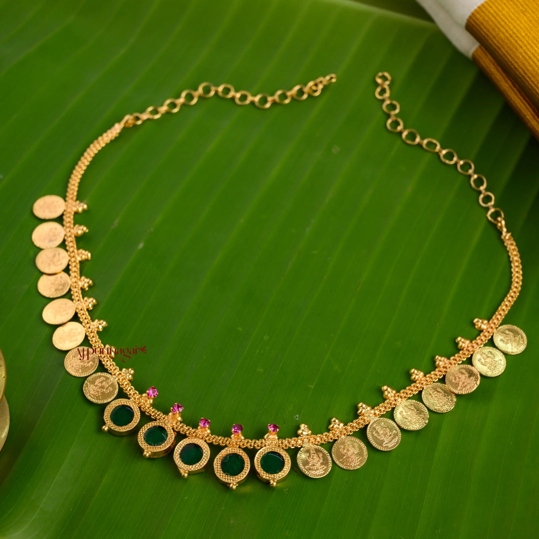 Gold Finish Lakshmi Coin With Green Round Palakka Necklace