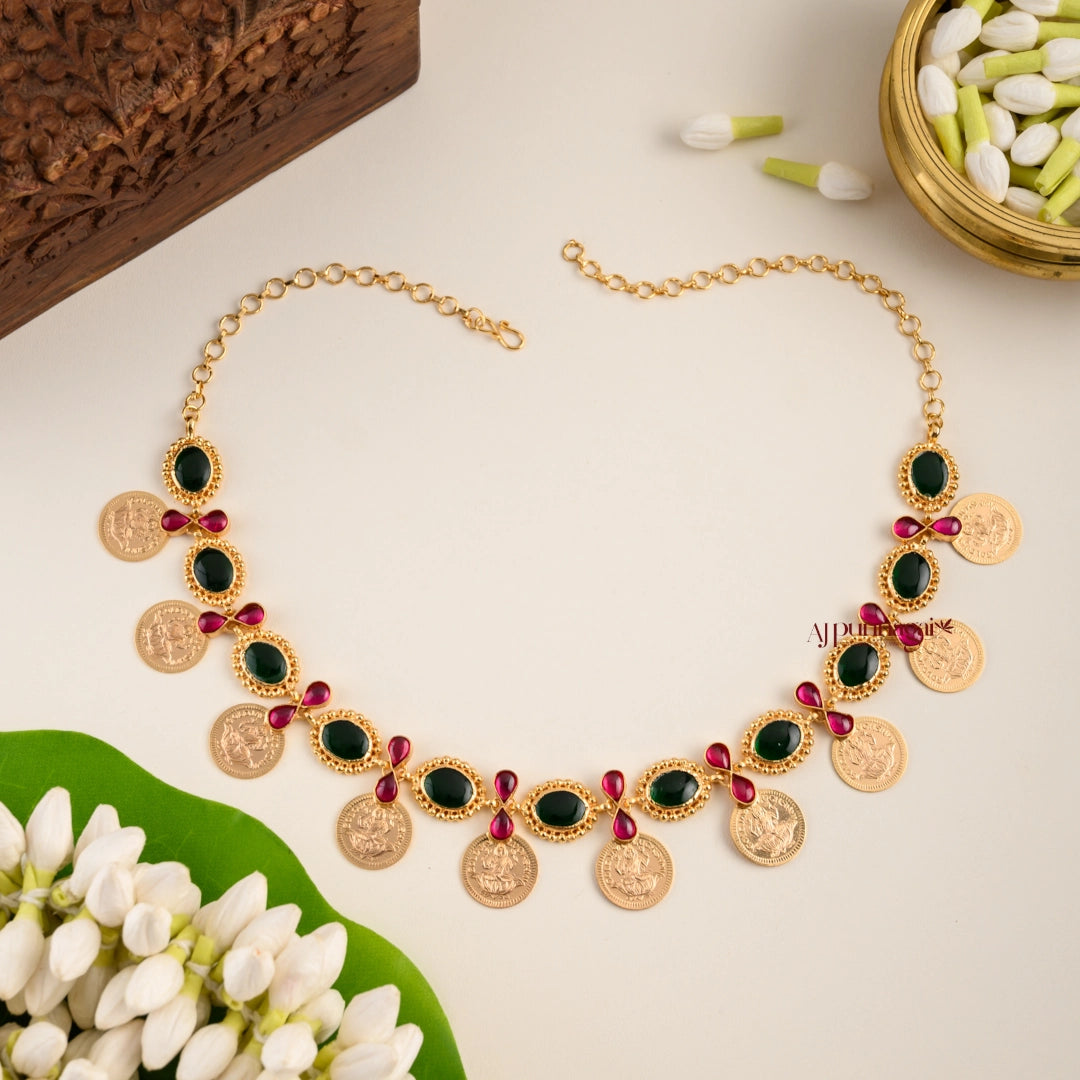 Gold Finish Lakshmi Coin With Green Palakka Necklace
