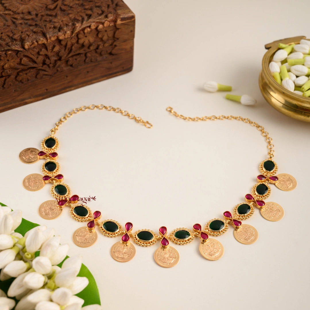 Gold Finish Lakshmi Coin With Green Palakka Necklace