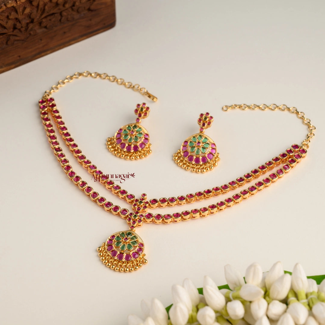 Dual Layer Ruby With Green Attigai Necklace