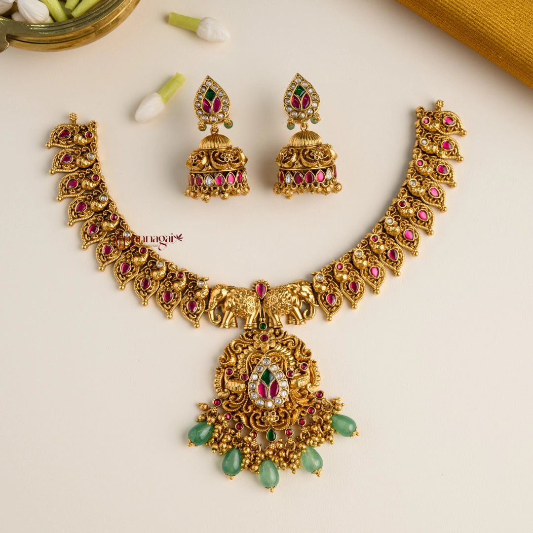Gold Look Alike Peacock With Elephant Bridal Necklace