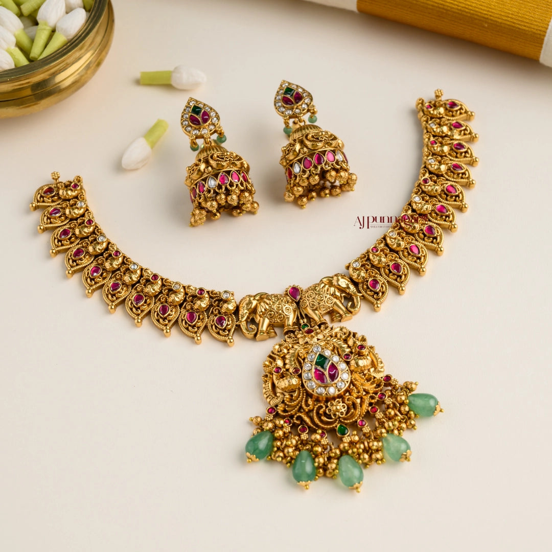 Gold Look Alike Peacock With Elephant Bridal Necklace