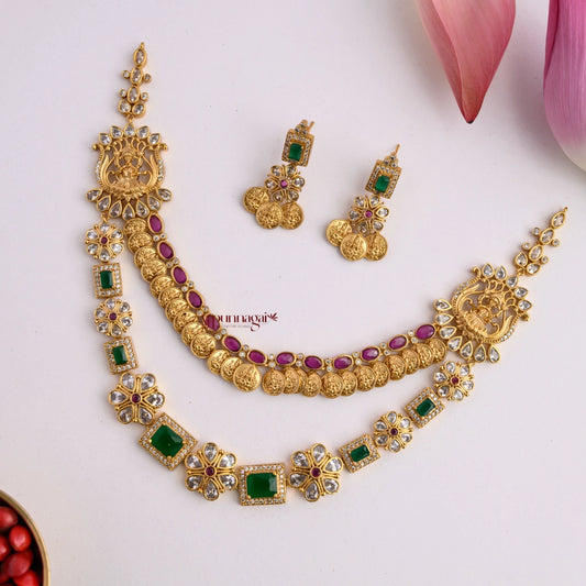 Two Layer Lakshmi Coin Floral Necklace