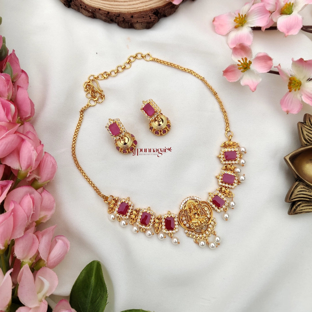 Elegant Lakshmi Pendant Pink Necklace