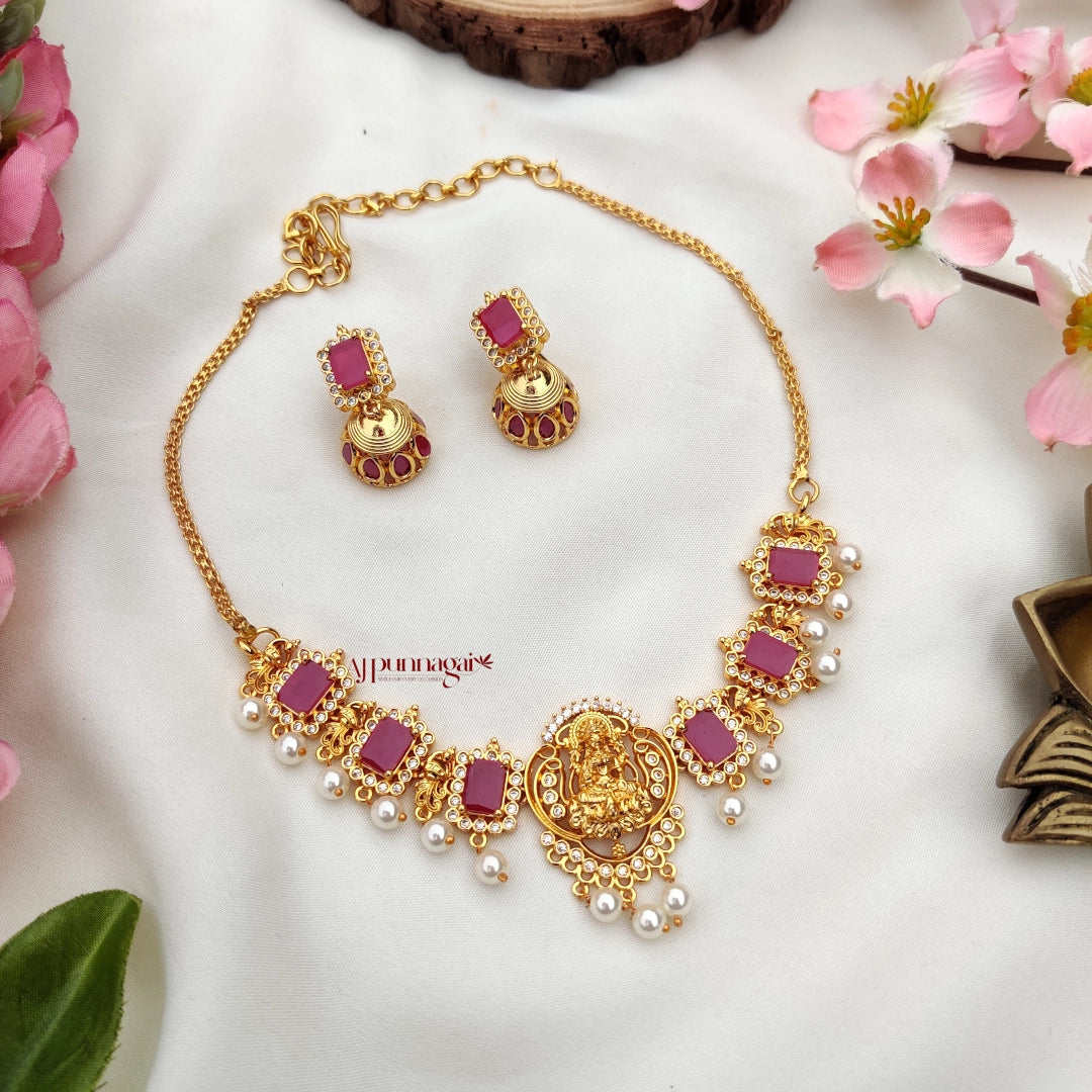 Elegant Lakshmi Pendant Pink Necklace