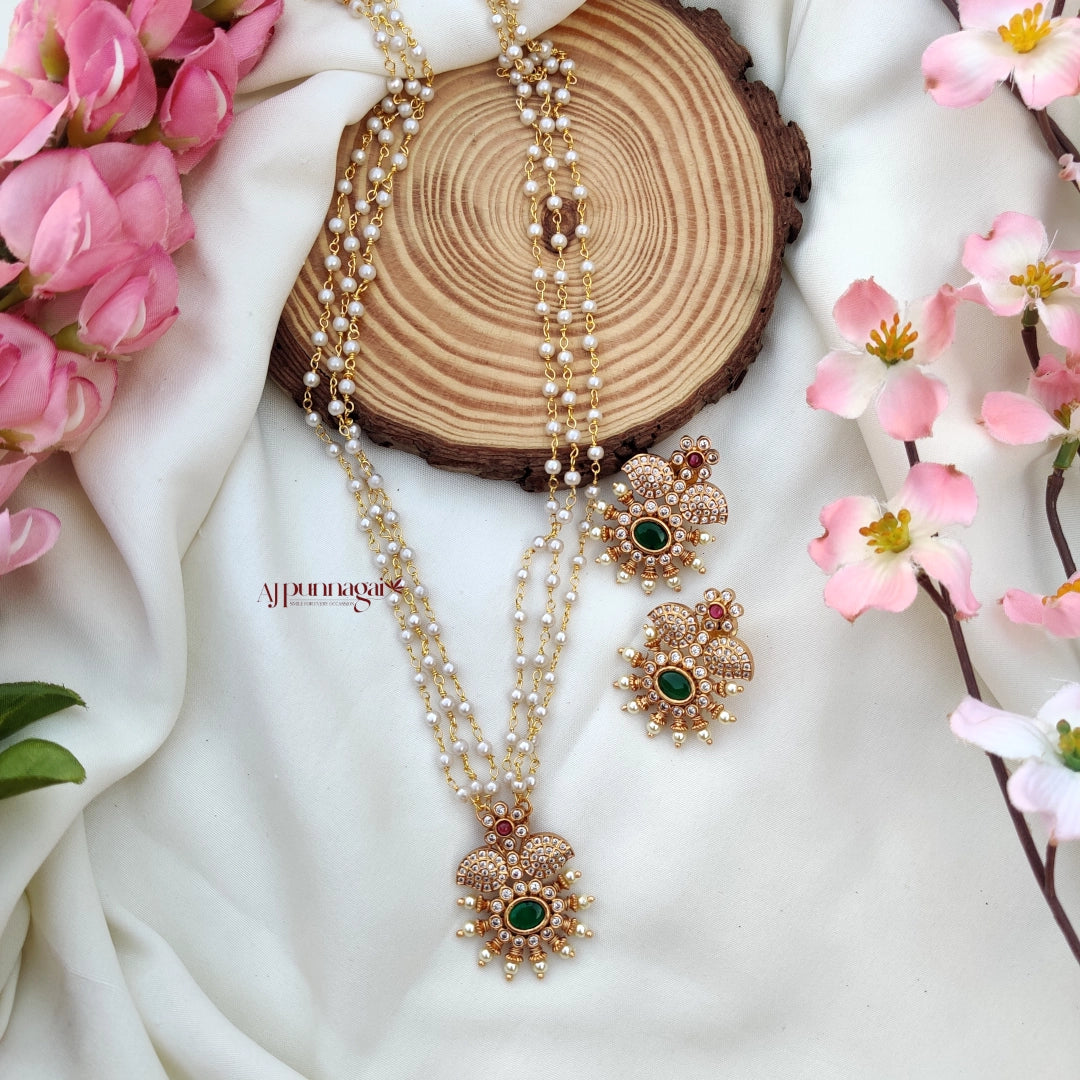 Floral AD stone Pearl chain Necklace - Multi