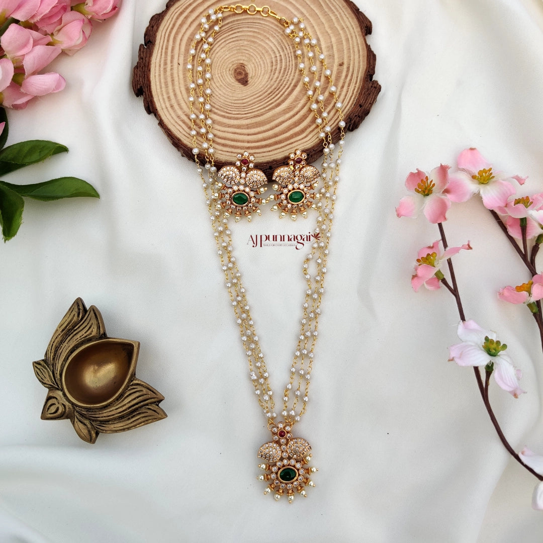 Floral AD stone Pearl chain Necklace - Multi
