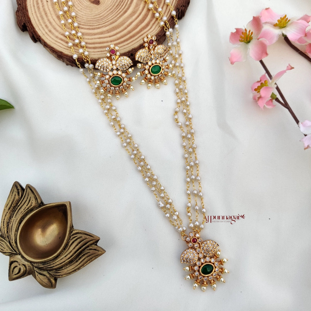 Floral AD stone Pearl chain Necklace - Multi