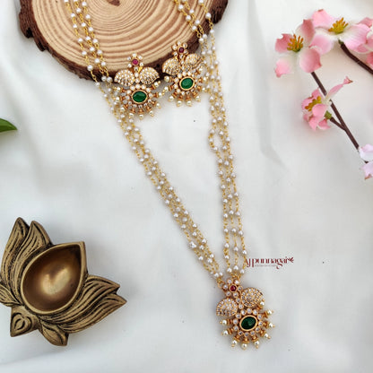 Floral AD stone Pearl chain Necklace - Multi