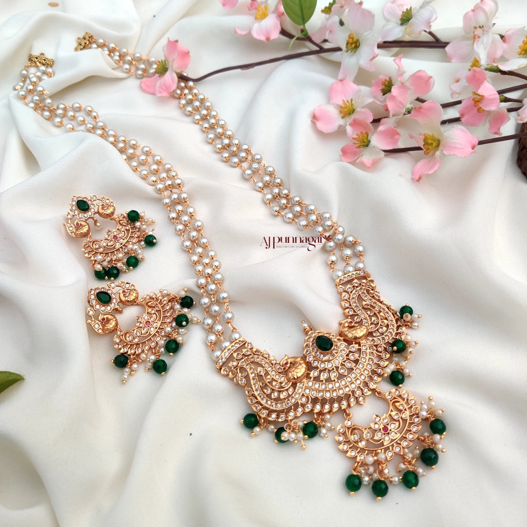 Gorgeously crafted Peacock Design Beaded Haram with Green Beads