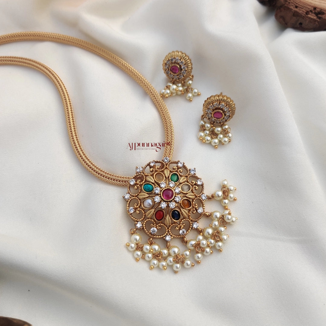 Beautiful Floral Navaratna Pendant Chain