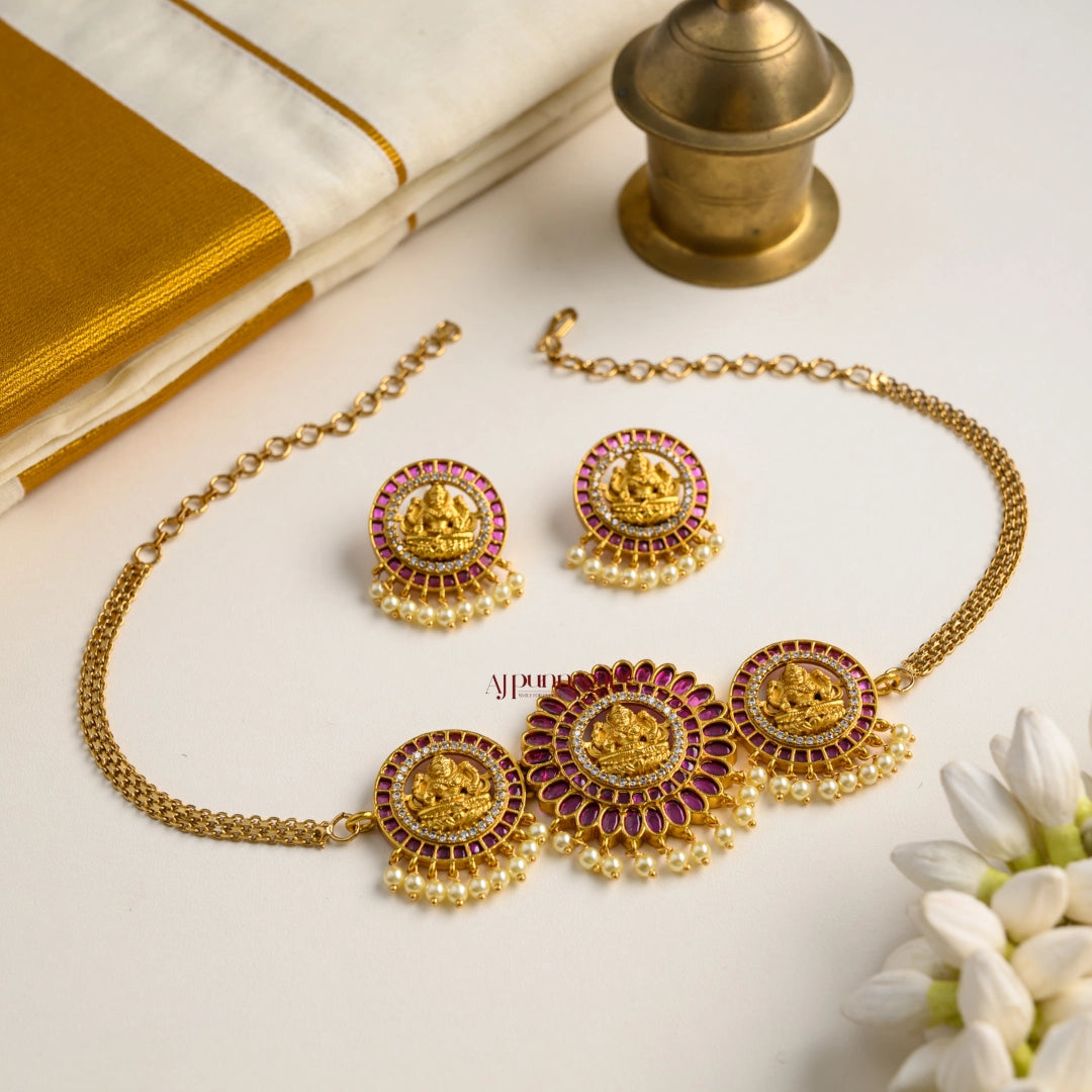 Lakshmi Motifs High Neck Choker - Ruby
