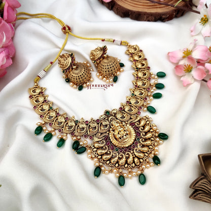 Stunning crafted Lakshmi Motifs Necklace with Green beads