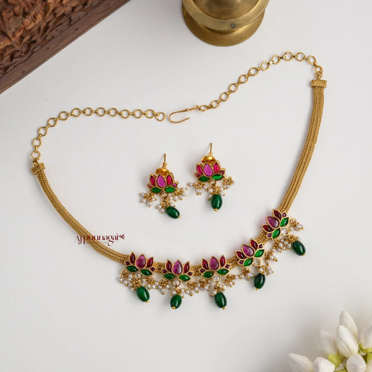 Lotus Necklace With Green Beads Hangings