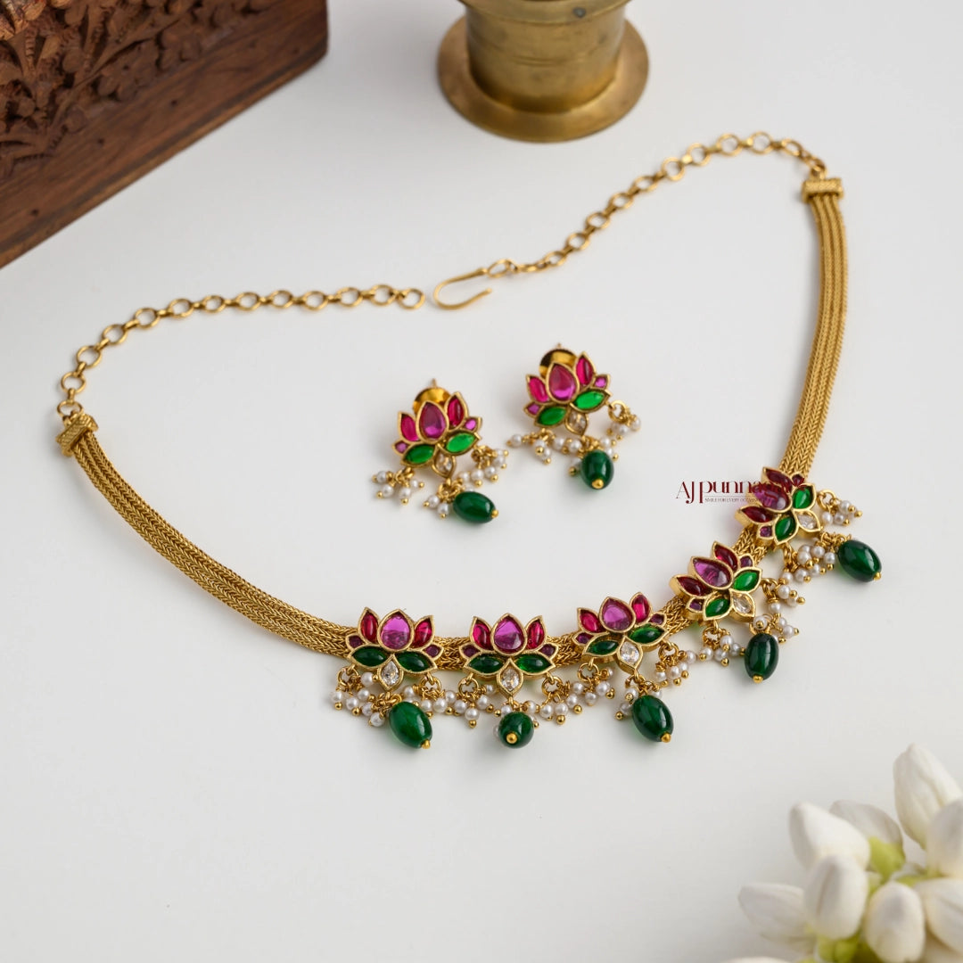 Lotus Necklace With Green Beads Hangings