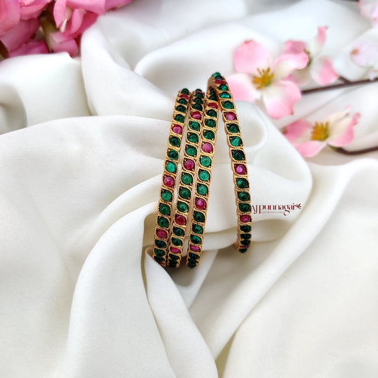 Gorgeous Green and Pink kemp stone Bangle - set of 4
