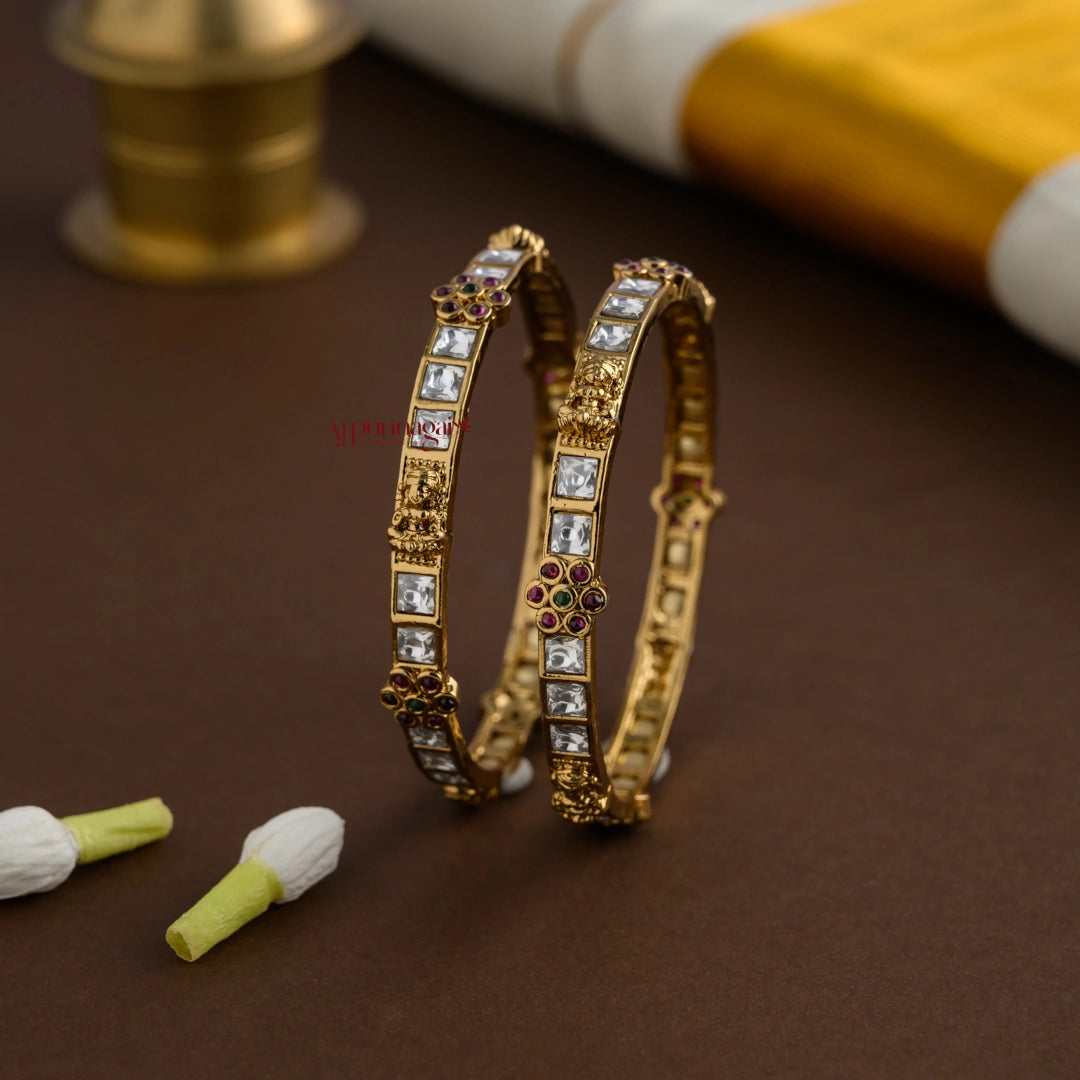 White Stone Lakshmi Bangle - Pair