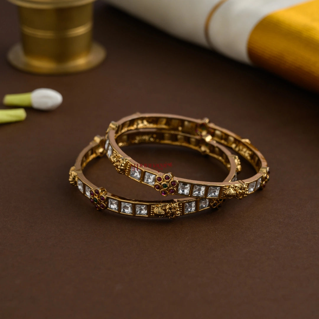 White Stone Lakshmi Bangle - Pair