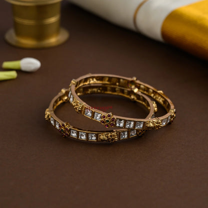 White Stone Lakshmi Bangle - Pair