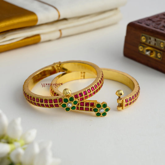 Kundan Jadau Openable Bangle - Pink with Green
