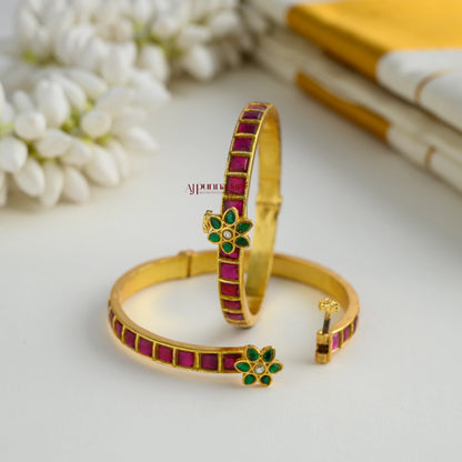 Single Line Kundan Jadau Openable Bangle - Ruby With Green