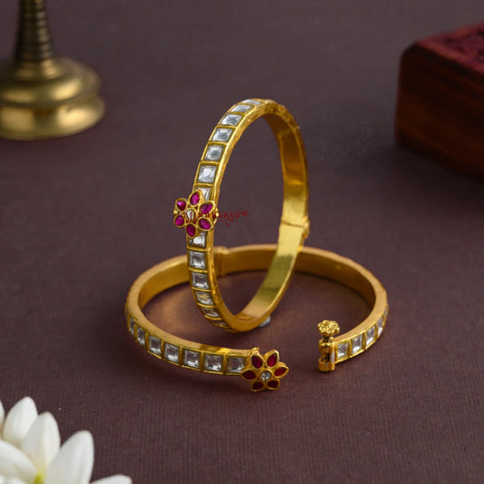 Single Line Kundan Jadau Openable Bangle - White With Ruby